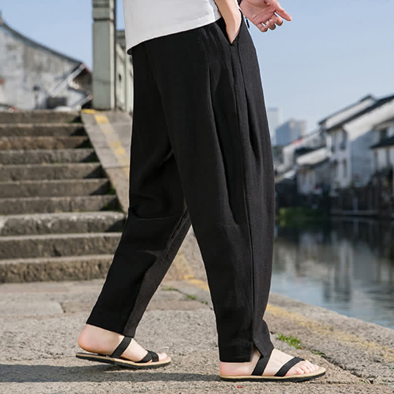 Buddha Stones Spring Summer Casual Minimalist Drawstring Solid Ramie Ankle Pants Men's Harem Pants With Pocket - image 11