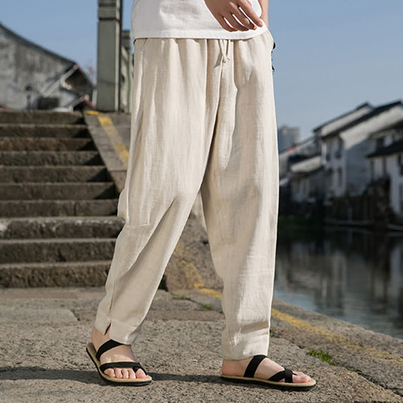 Buddha Stones Spring Summer Casual Minimalist Drawstring Solid Ramie Ankle Pants Men's Harem Pants With Pocket - image 1