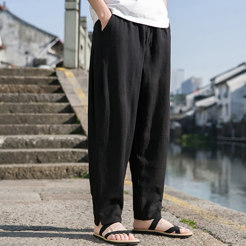 Buddha Stones Spring Summer Casual Minimalist Drawstring Solid Ramie Ankle Pants Men's Harem Pants With Pocket - image 8
