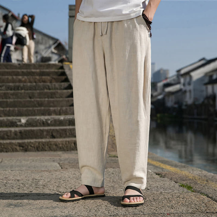 Buddha Stones Spring Summer Casual Minimalist Drawstring Solid Ramie Ankle Pants Men's Harem Pants With Pocket - image 6