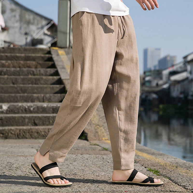 Buddha Stones Spring Summer Casual Minimalist Drawstring Solid Ramie Ankle Pants Men's Harem Pants With Pocket - Tan - US/UK/AU44，EU54 (4XL) - image 21