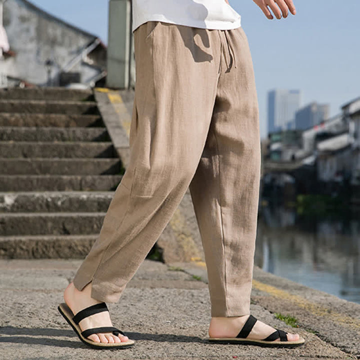 Buddha Stones Spring Summer Casual Minimalist Drawstring Solid Ramie Ankle Pants Men's Harem Pants With Pocket - Tan - US/UK/AU44，EU54 (4XL) - image 21