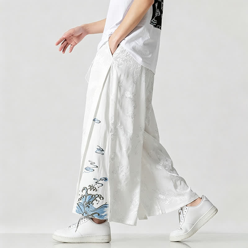 Buddha Stones Spring Summer Tang Style Drawstring Embroidery Abstract Cropped Pants Men's Wide Leg Pants With Pocket - image 17