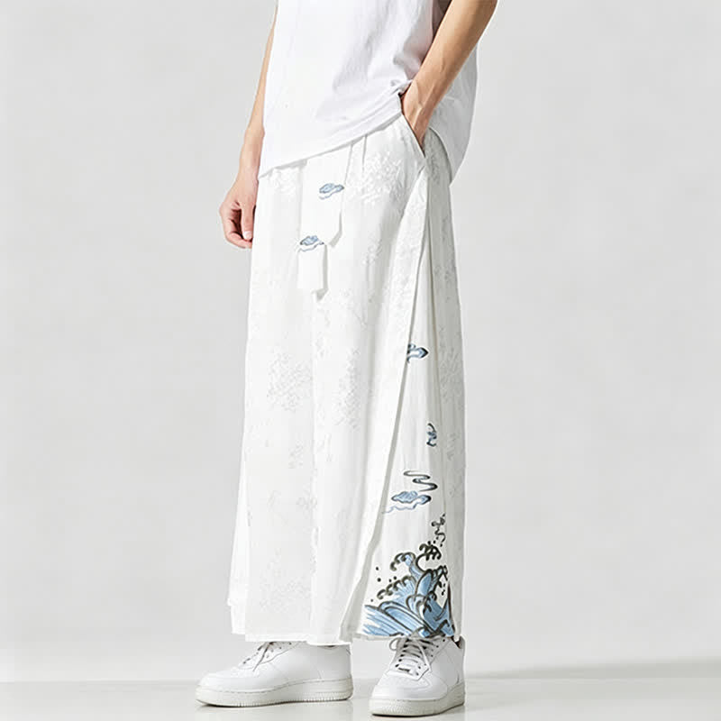 Buddha Stones Spring Summer Tang Style Drawstring Embroidery Abstract Cropped Pants Men's Wide Leg Pants With Pocket - image 16