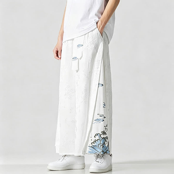 Buddha Stones Spring Summer Tang Style Drawstring Embroidery Abstract Cropped Pants Men's Wide Leg Pants With Pocket - image 16
