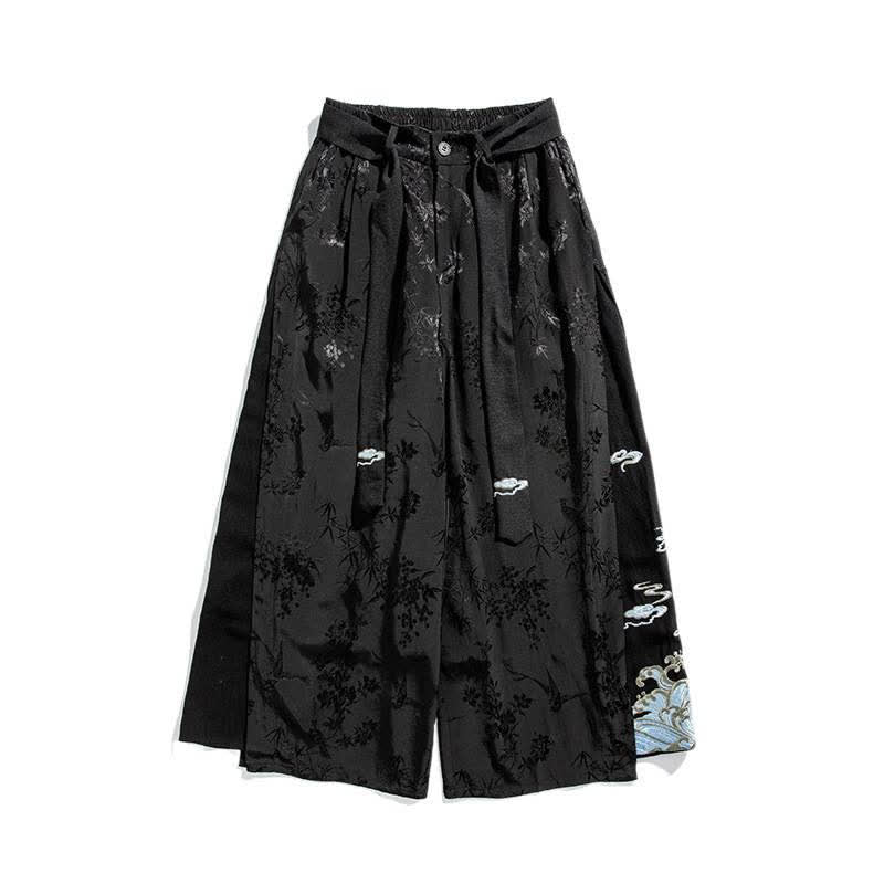 Buddha Stones Spring Summer Tang Style Drawstring Embroidery Abstract Cropped Pants Men's Wide Leg Pants With Pocket - image 7