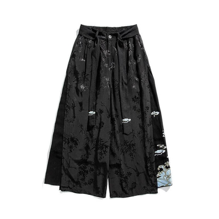Buddha Stones Spring Summer Tang Style Drawstring Embroidery Abstract Cropped Pants Men's Wide Leg Pants With Pocket - image 7