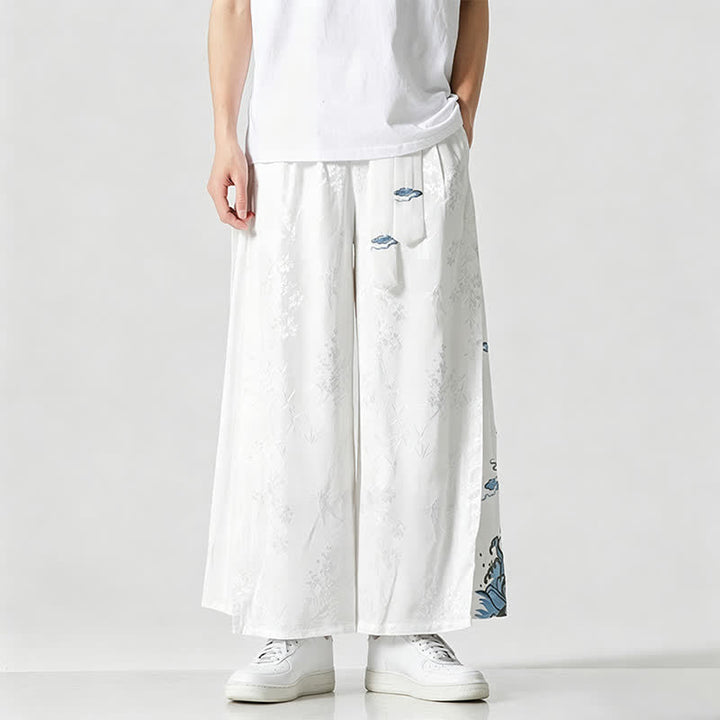 Buddha Stones Spring Summer Tang Style Drawstring Embroidery Abstract Cropped Pants Men's Wide Leg Pants With Pocket - White - US/UK/AU46，EU56 (5XL) - image 12