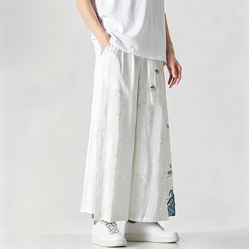 Buddha Stones Spring Summer Tang Style Drawstring Embroidery Abstract Cropped Pants Men's Wide Leg Pants With Pocket - image 13