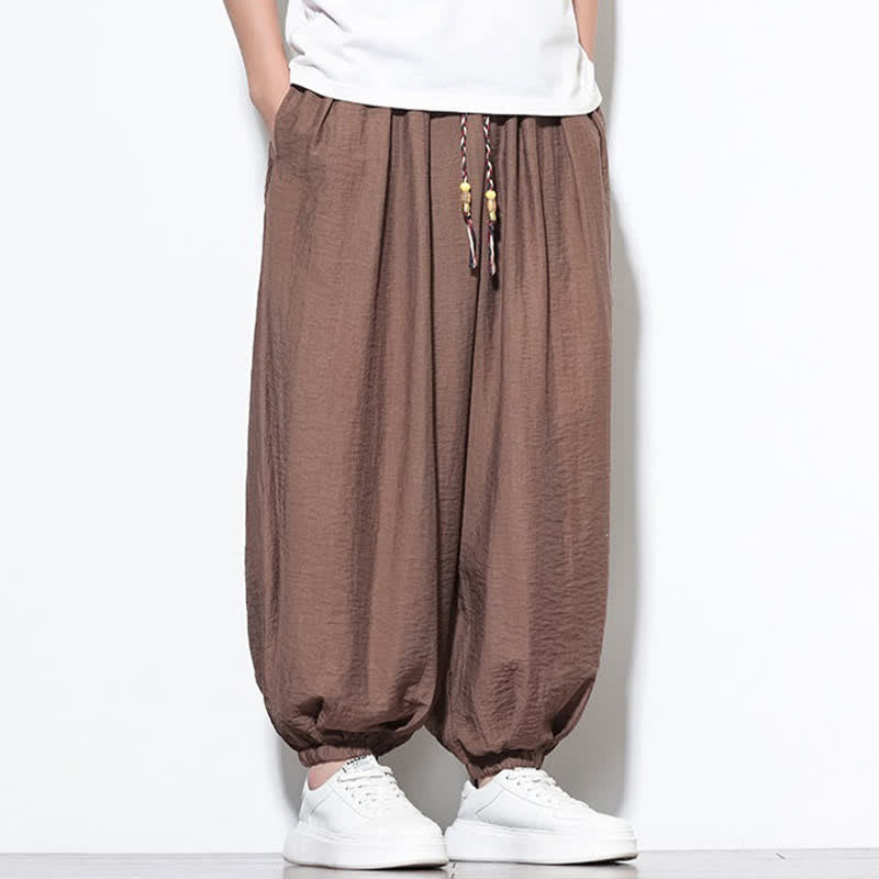 Buddha Stones Summer Casual Boho Drawstring Solid Cropped Pants Men's Harem Pants With Pocket - image 24
