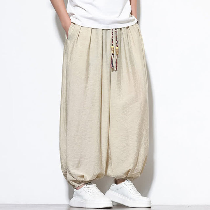 Buddha Stones Summer Casual Boho Drawstring Solid Cropped Pants Men's Harem Pants With Pocket - image 7