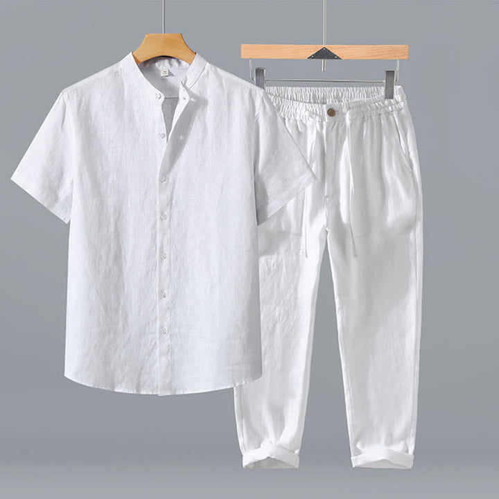 Buddha Stones 2Pcs Summer Tang Style Meditation Mandarin Collar Button-Up Solid Linen Short Sleeve Shirt Pants Men's Meditation Cloth With Pocket - White Shirt+Pants - US/UK/AU42，EU52 (3XL) - image 19