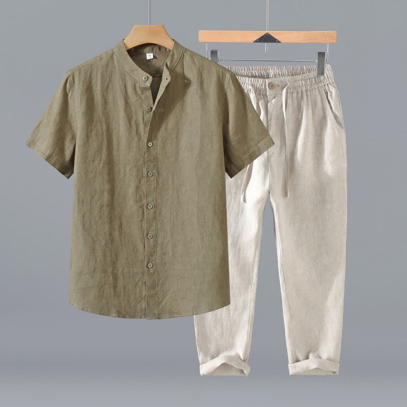 Buddha Stones 2Pcs Summer Tang Style Meditation Mandarin Collar Button-Up Solid Linen Short Sleeve Shirt Pants Men's Meditation Cloth With Pocket - DarkKhaki Shirt+Beige Pants - US/UK/AU42，EU52 (3XL) - image 2