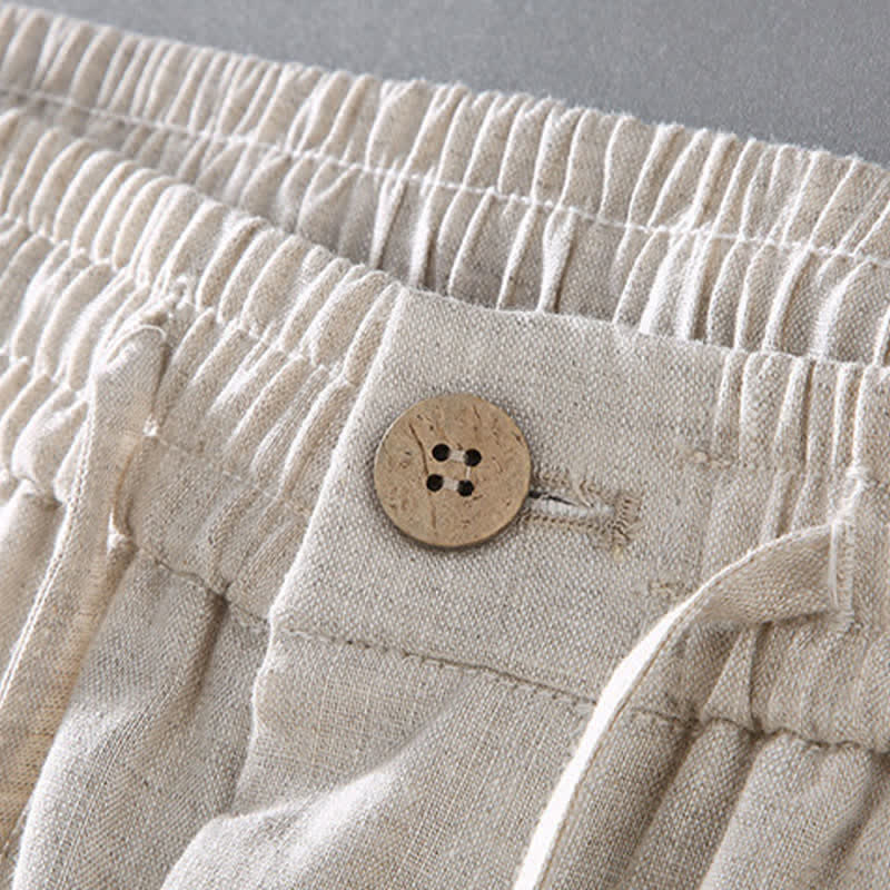 Buddha Stones 2Pcs Summer Tang Style Meditation Mandarin Collar Button-Up Solid Linen Short Sleeve Shirt Pants Men's Meditation Cloth With Pocket - image 4
