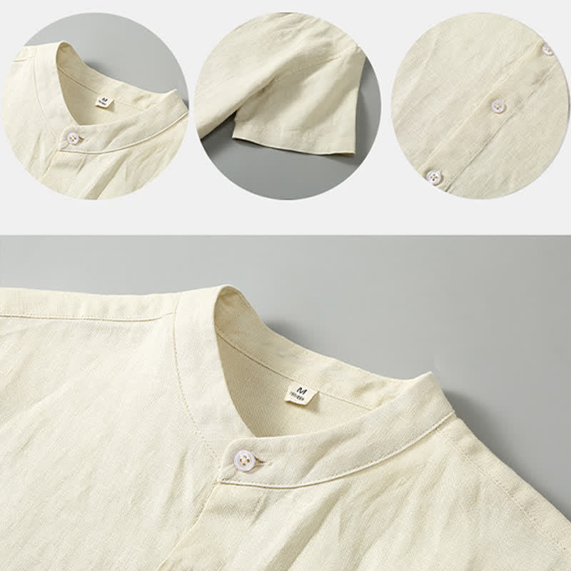 Buddha Stones 2Pcs Summer Tang Style Meditation Mandarin Collar Button-Up Solid Linen Short Sleeve Shirt Pants Men's Meditation Cloth With Pocket - image 11