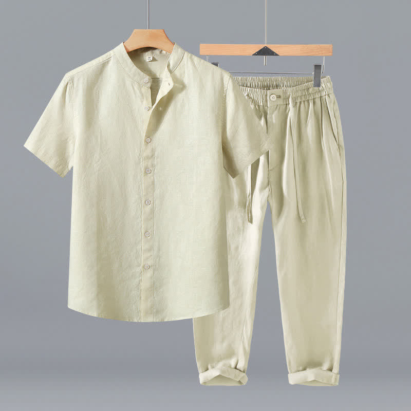 Buddha Stones 2Pcs Summer Tang Style Meditation Mandarin Collar Button-Up Solid Linen Short Sleeve Shirt Pants Men's Meditation Cloth With Pocket - Beige Shirt+Pants - US/UK/AU42，EU52 (3XL) - image 10