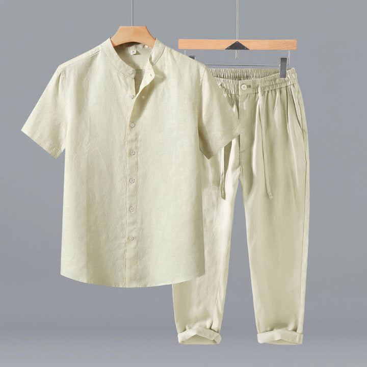 Buddha Stones 2Pcs Summer Tang Style Meditation Mandarin Collar Button-Up Solid Linen Short Sleeve Shirt Pants Men's Meditation Cloth With Pocket - Beige Shirt+Pants - US/UK/AU42，EU52 (3XL) - image 10