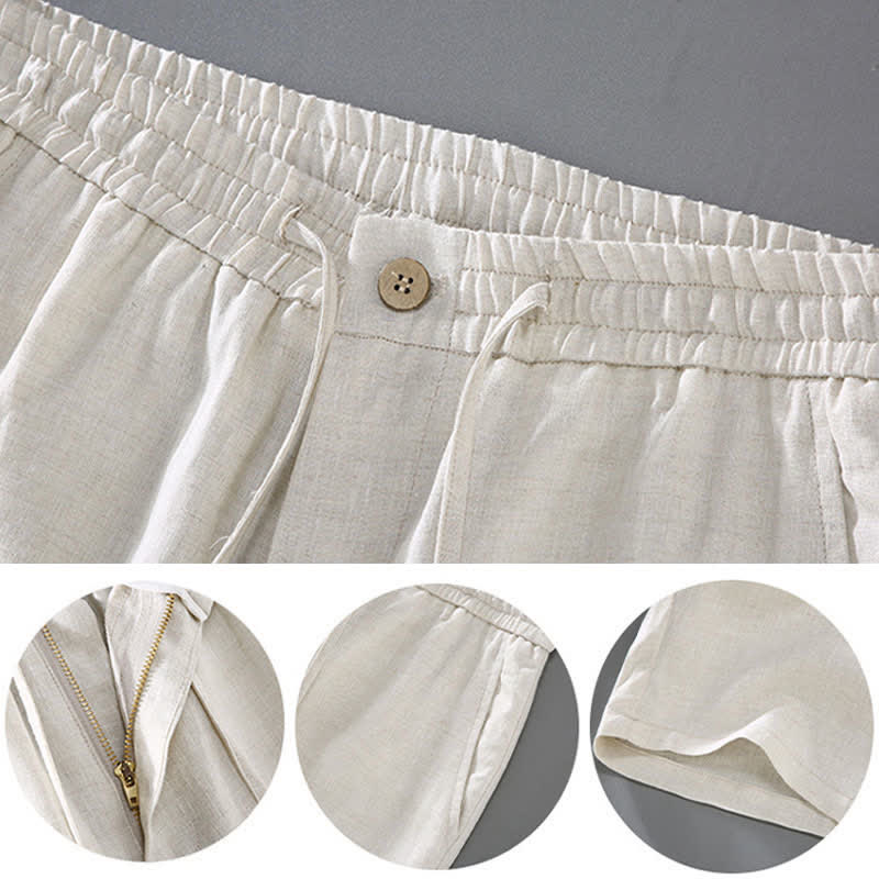 Buddha Stones 2Pcs Summer Mandarin Collar Button-Up Solid Linen Short Sleeve Shirt Shorts Men's Meditation Cloth With Pocket - image 1