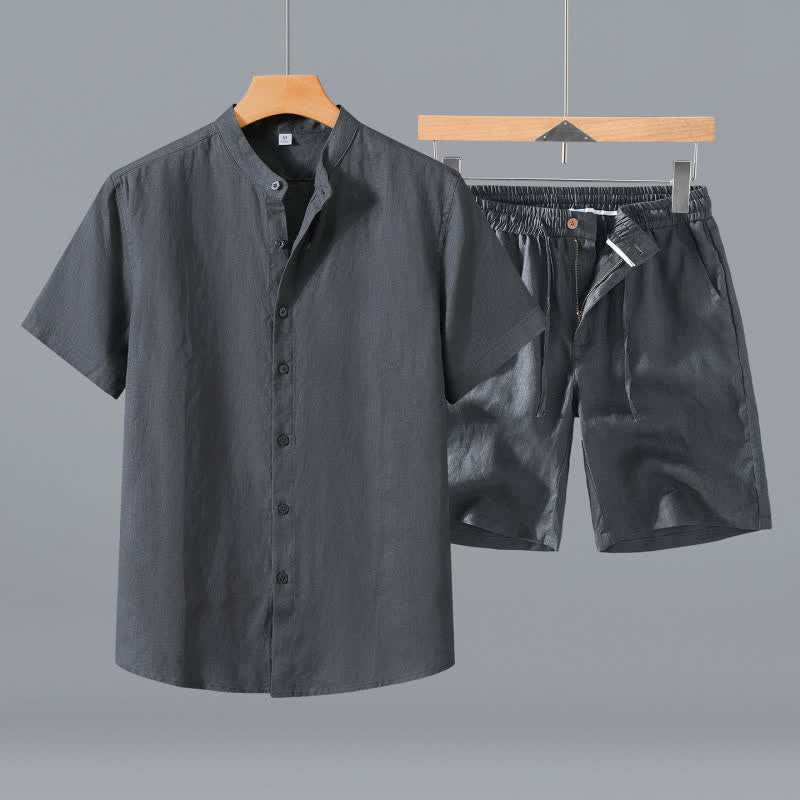Buddha Stones 2Pcs Summer Mandarin Collar Button-Up Solid Linen Short Sleeve Shirt Shorts Men's Meditation Cloth With Pocket - Gray Shirt+Shorts - US/UK/AU42，EU52 (3XL) - image 9