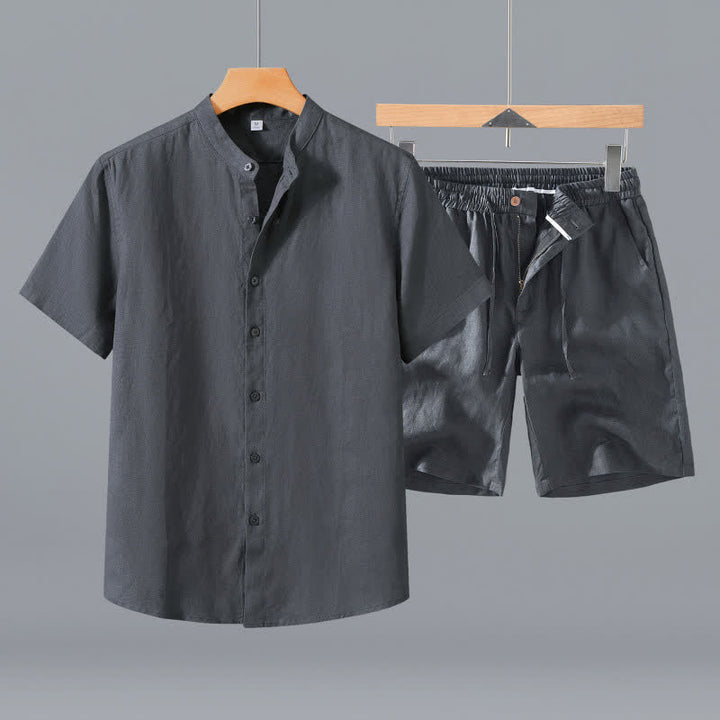 Buddha Stones 2Pcs Summer Mandarin Collar Button-Up Solid Linen Short Sleeve Shirt Shorts Men's Meditation Cloth With Pocket - Gray Shirt+Shorts - US/UK/AU42，EU52 (3XL) - image 9