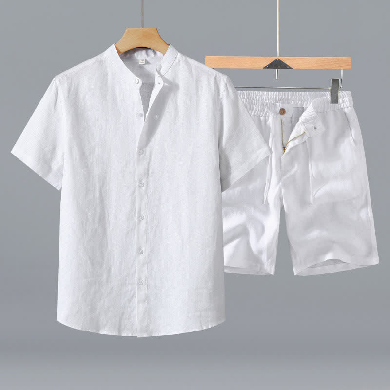 Buddha Stones 2Pcs Summer Mandarin Collar Button-Up Solid Linen Short Sleeve Shirt Shorts Men's Meditation Cloth With Pocket - White Shirt+Shorts - US/UK/AU42，EU52 (3XL) - image 18
