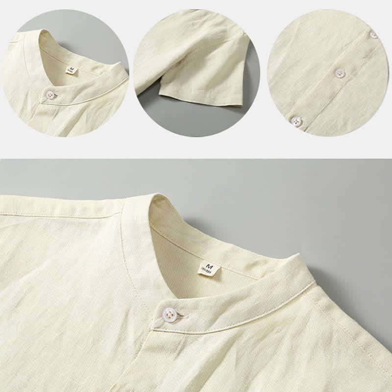 Buddha Stones 2Pcs Summer Mandarin Collar Button-Up Solid Linen Short Sleeve Shirt Shorts Men's Meditation Cloth With Pocket - image 12