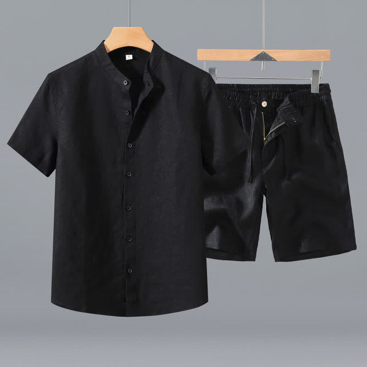 Buddha Stones 2Pcs Summer Mandarin Collar Button-Up Solid Linen Short Sleeve Shirt Shorts Men's Meditation Cloth With Pocket - Black Shirt+Shorts - US/UK/AU42，EU52 (3XL) - image 8