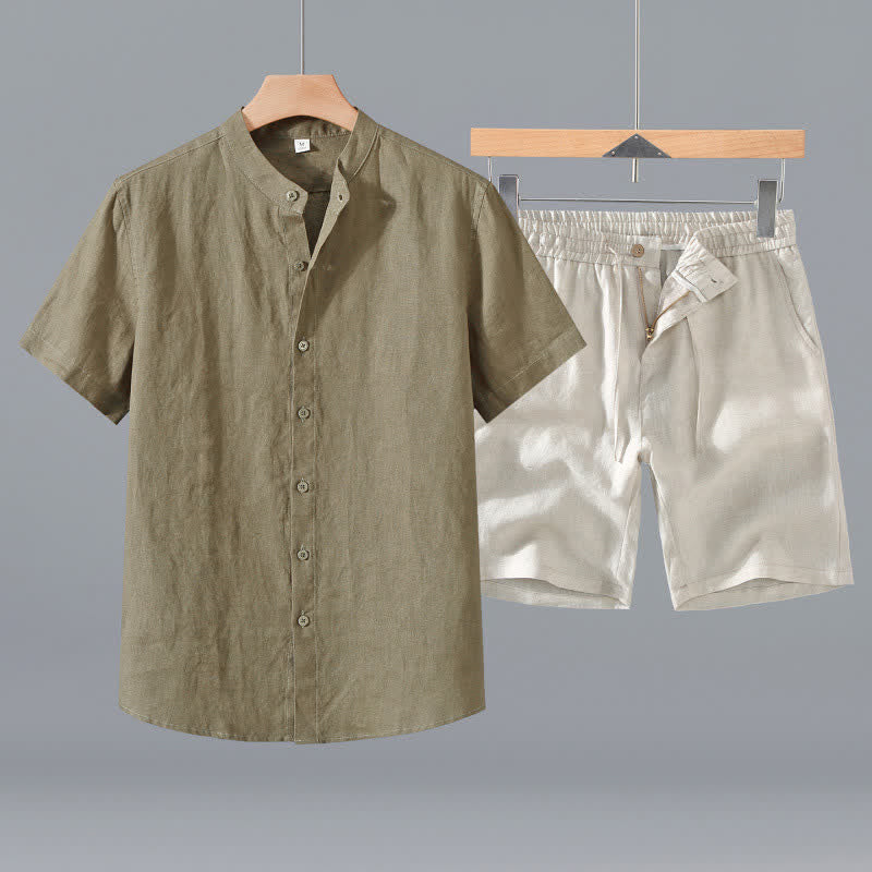 Buddha Stones 2Pcs Summer Mandarin Collar Button-Up Solid Linen Short Sleeve Shirt Shorts Men's Meditation Cloth With Pocket - DarkKhaki Shirt+Beige Shorts - US/UK/AU42，EU52 (3XL) - image 0