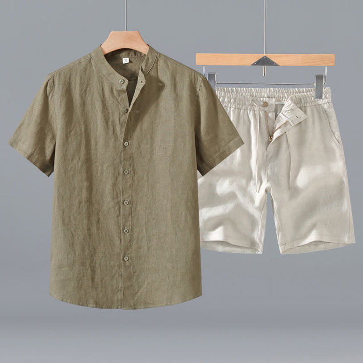 Buddha Stones 2Pcs Summer Mandarin Collar Button-Up Solid Linen Short Sleeve Shirt Shorts Men's Meditation Cloth With Pocket - DarkKhaki Shirt+Beige Shorts - US/UK/AU42，EU52 (3XL) - image 0