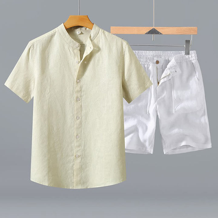 Buddha Stones 2Pcs Summer Mandarin Collar Button-Up Solid Linen Short Sleeve Shirt Shorts Men's Meditation Cloth With Pocket - Beige Shirt+White Shorts - US/UK/AU42，EU52 (3XL) - image 10