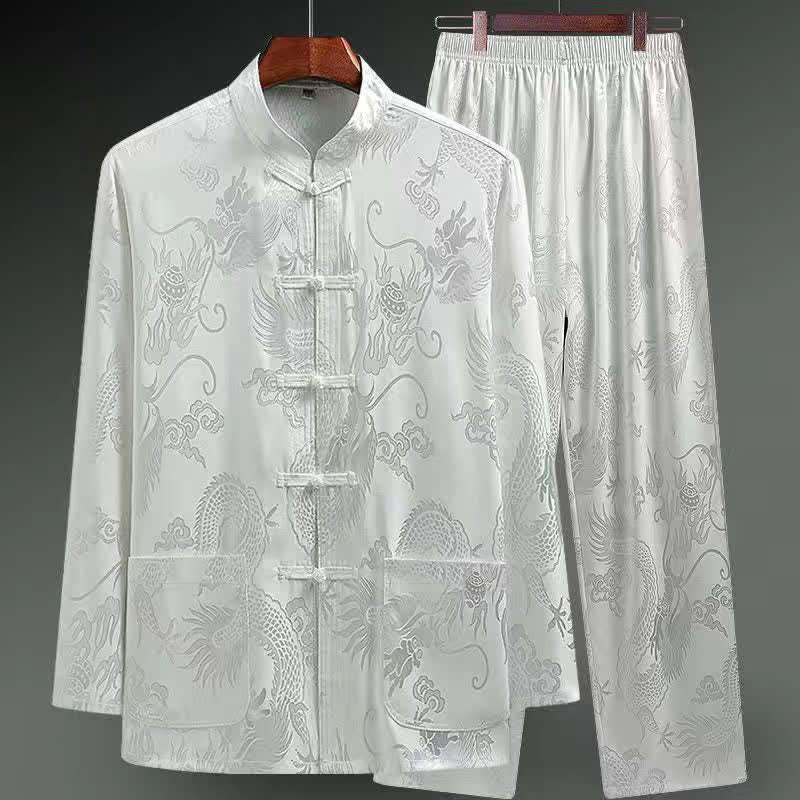 Buddha Stones 2Pcs Tang Suit Dragon Frog-Button Men's Long Sleeve Shirt Pants Clothing Set - White - US/UK/AU42，EU52 (3XL) - image 18