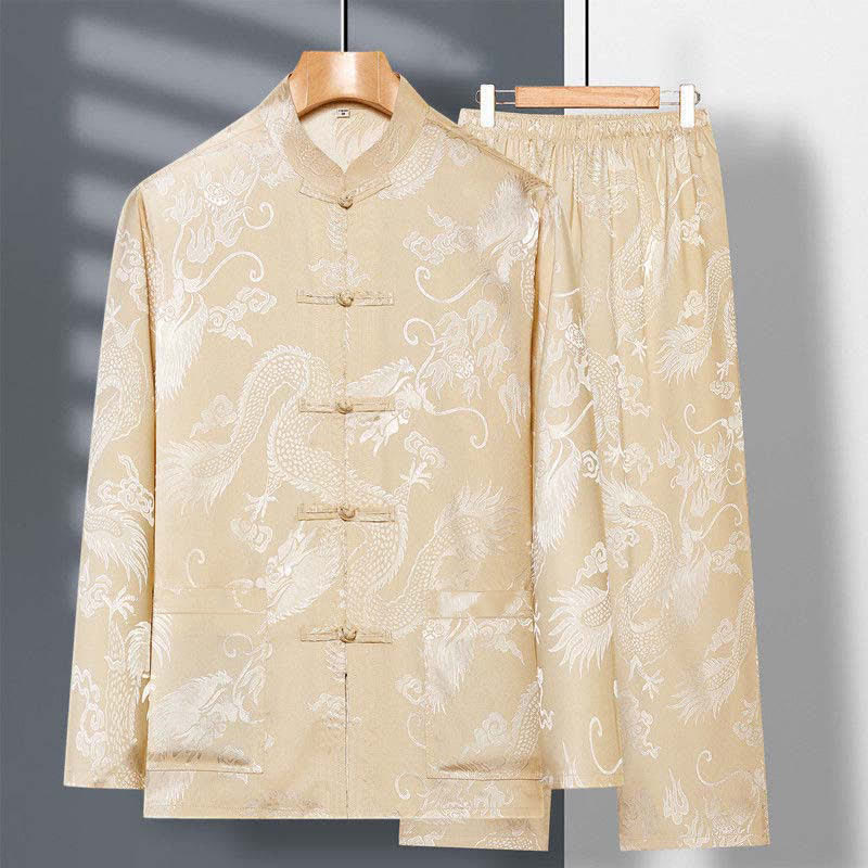 Buddha Stones 2Pcs Tang Suit Dragon Frog-Button Men's Long Sleeve Shirt Pants Clothing Set - Khaki - US/UK/AU42，EU52 (3XL) - image 2