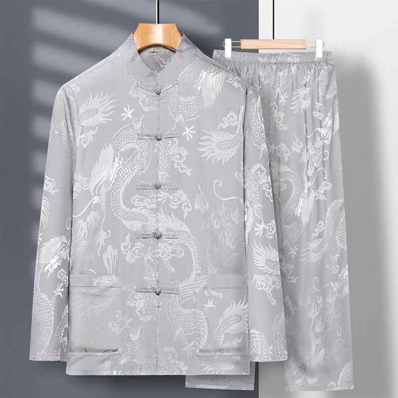 Buddha Stones 2Pcs Tang Suit Dragon Frog-Button Men's Long Sleeve Shirt Pants Clothing Set - LightGrey - US/UK/AU42，EU52 (3XL) - image 8