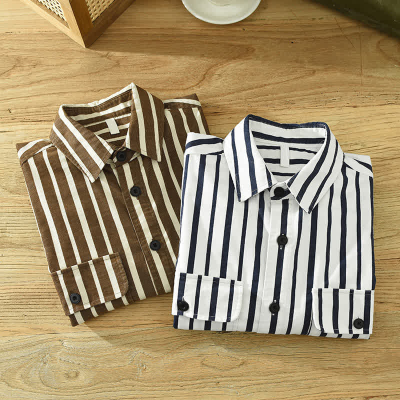 Buddha Stones Spring Casual Classic Button-Up Striped Men's Long Sleeve Shirts With Pocket - image 15