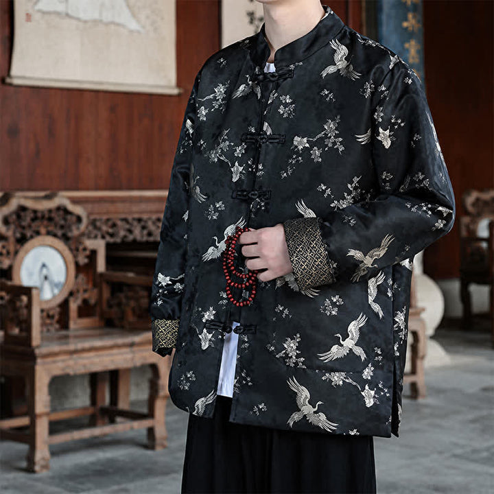 Buddha Stones Fall Winter Tang Style Vintage Mandarin Collar Crane Print Men's Jackets With Pocket - image 3