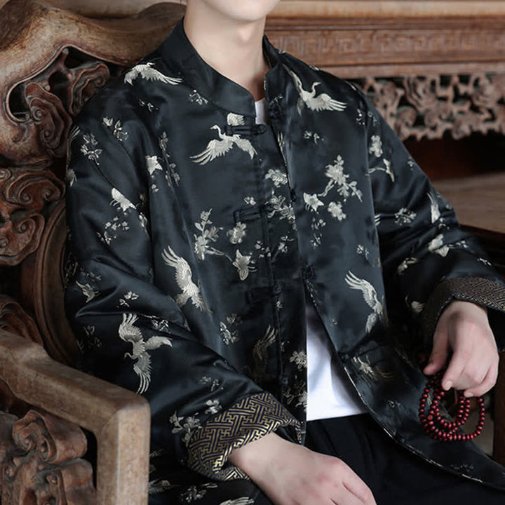 Buddha Stones Fall Winter Tang Style Vintage Mandarin Collar Crane Print Men's Jackets With Pocket - image 7