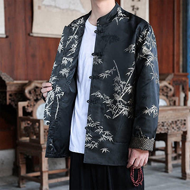 Buddha Stones Fall Winter Tang Style Vintage Mandarin Collar Crane Print Men's Jackets With Pocket - image 13
