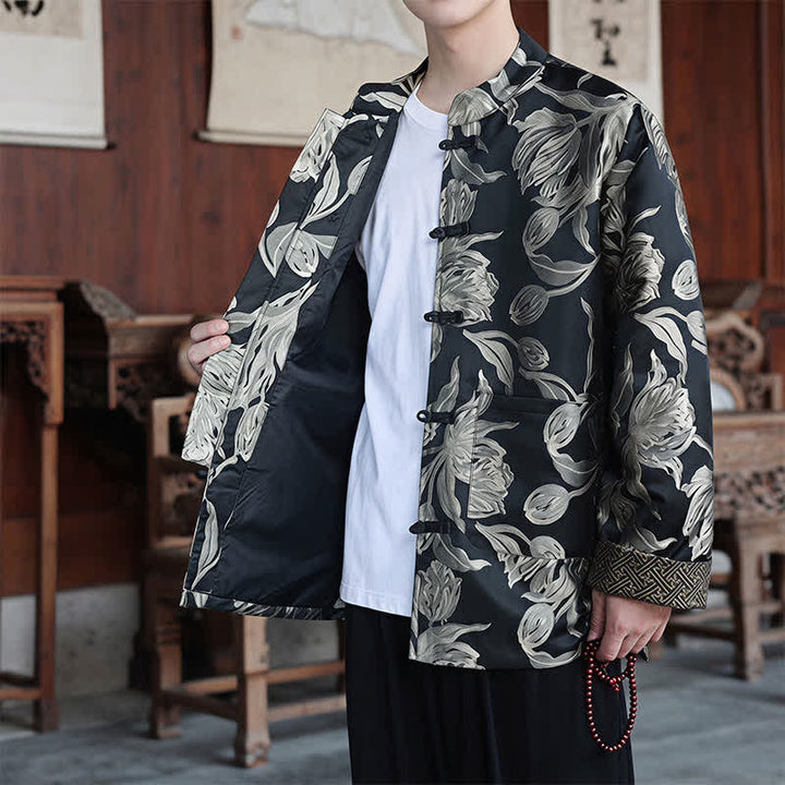 Buddha Stones Fall Winter Tang Style Vintage Mandarin Collar Crane Print Men's Jackets With Pocket - image 23