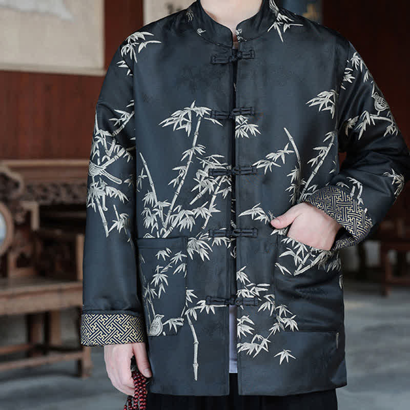 Buddha Stones Fall Winter Tang Style Vintage Mandarin Collar Crane Print Men's Jackets With Pocket - image 10