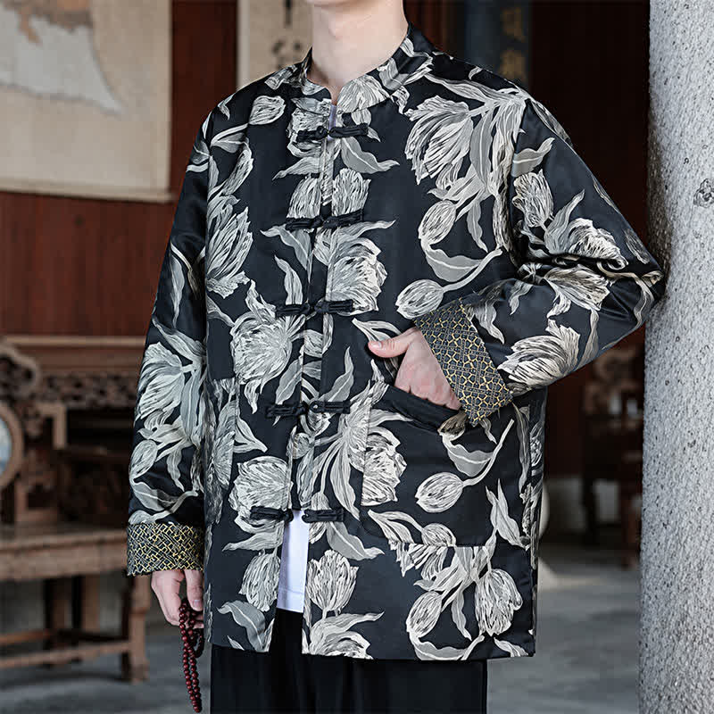 Buddha Stones Fall Winter Tang Style Vintage Mandarin Collar Crane Print Men's Jackets With Pocket - image 24