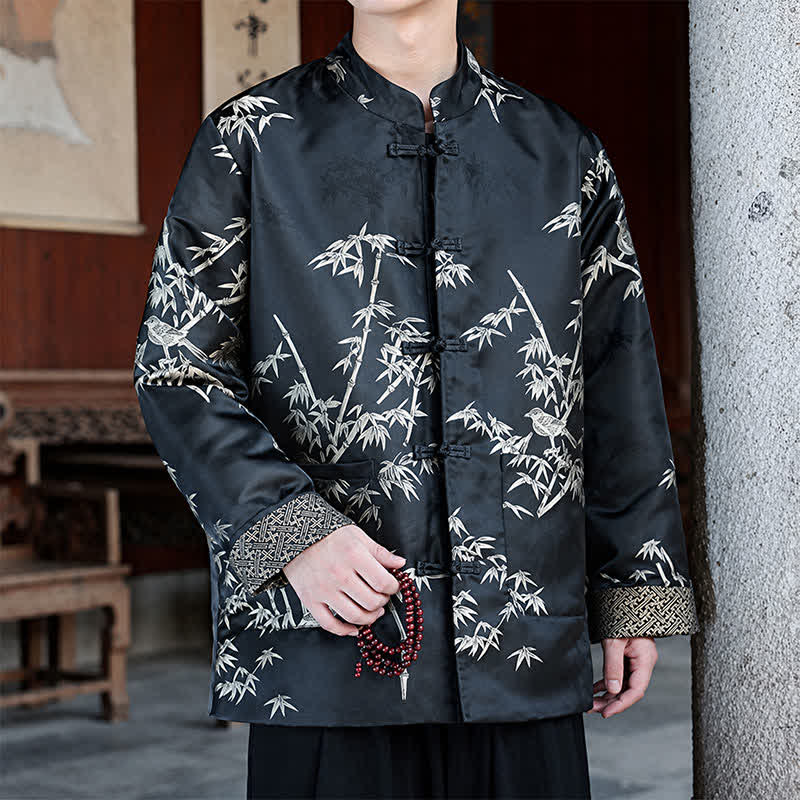 Buddha Stones Fall Winter Tang Style Vintage Mandarin Collar Crane Print Men's Jackets With Pocket - image 11