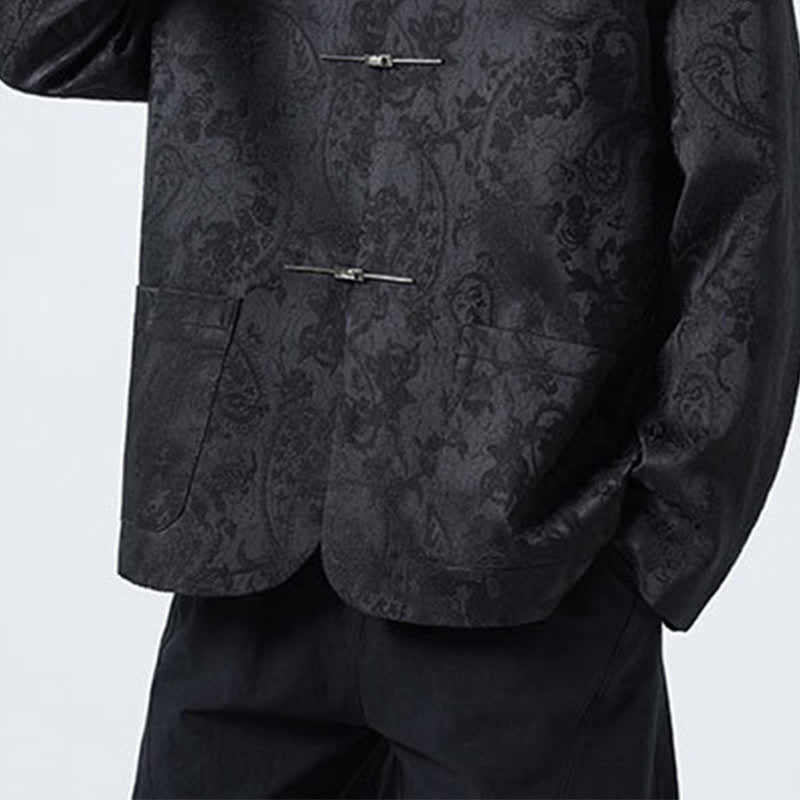 Buddha Stones Fall Winter Tang Style Vintage Mandarin Collar Frog Button Floral Men's Jackets With Pocket - image 8