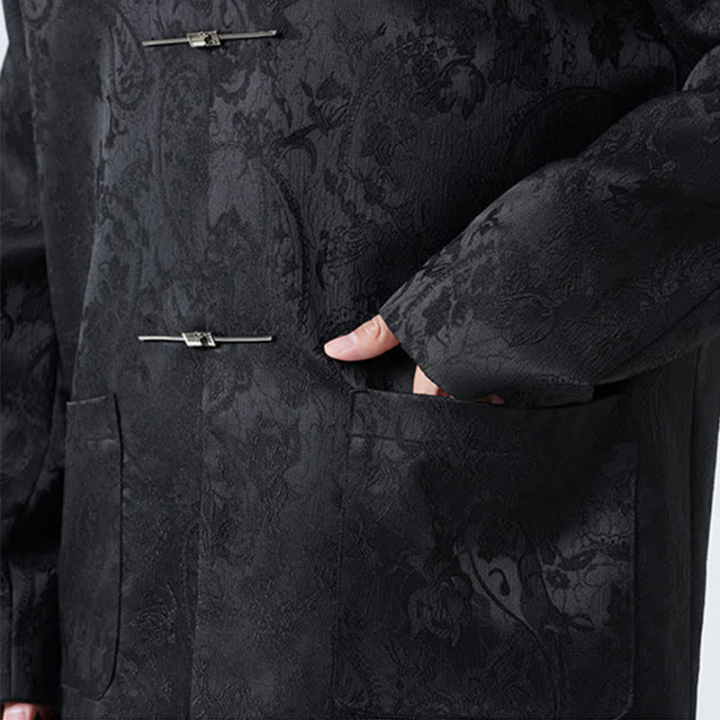 Buddha Stones Fall Winter Tang Style Vintage Mandarin Collar Frog Button Floral Men's Jackets With Pocket - image 6