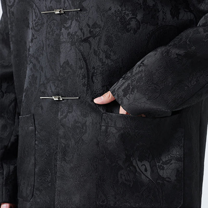Buddha Stones Fall Winter Tang Style Vintage Mandarin Collar Frog Button Floral Men's Jackets With Pocket - image 6