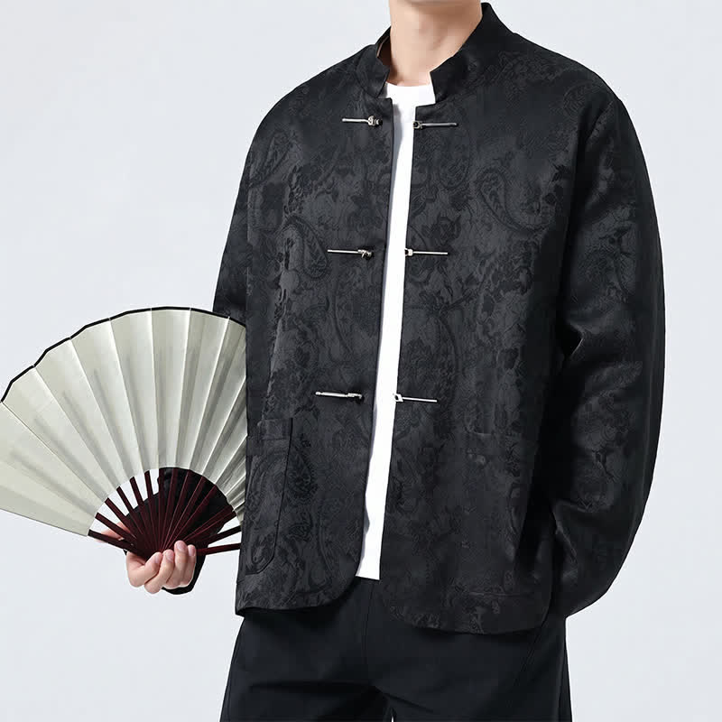 Buddha Stones Fall Winter Tang Style Vintage Mandarin Collar Frog Button Floral Men's Jackets With Pocket - image 3