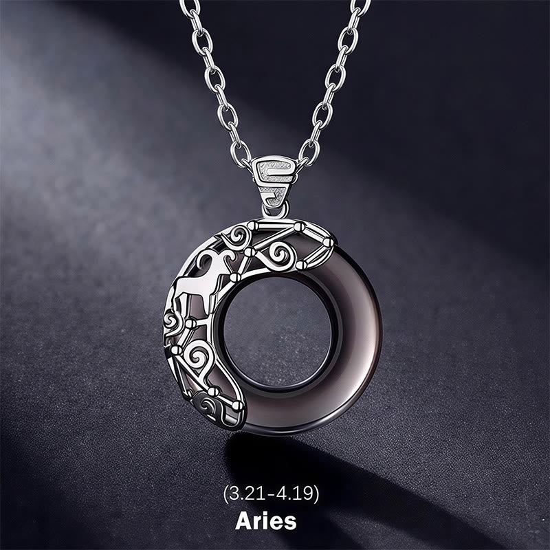 Buddha Stones 12 Constellations of the Zodiac Ice Obsidian Blessing Round Pendant Necklace - Aries - 925 Sterling Silver Chain - image 1