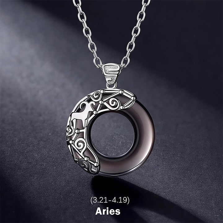 Buddha Stones 12 Constellations of the Zodiac Ice Obsidian Blessing Round Pendant Necklace - Aries - 925 Sterling Silver Chain - image 1