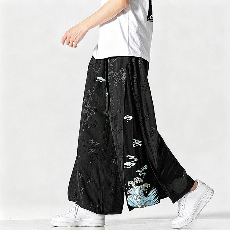 Buddha Stones Spring Summer Tang Style Drawstring Embroidery Abstract Cropped Pants Men's Wide Leg Pants With Pocket - image 4