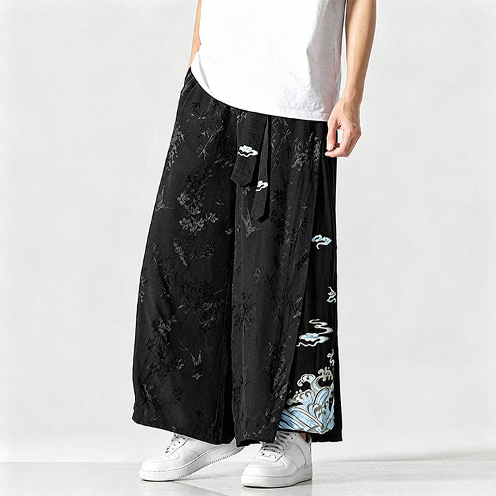 Buddha Stones Spring Summer Tang Style Drawstring Embroidery Abstract Cropped Pants Men's Wide Leg Pants With Pocket - image 2