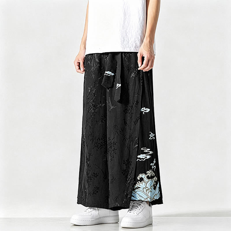Buddha Stones Spring Summer Tang Style Drawstring Embroidery Abstract Cropped Pants Men's Wide Leg Pants With Pocket - image 5